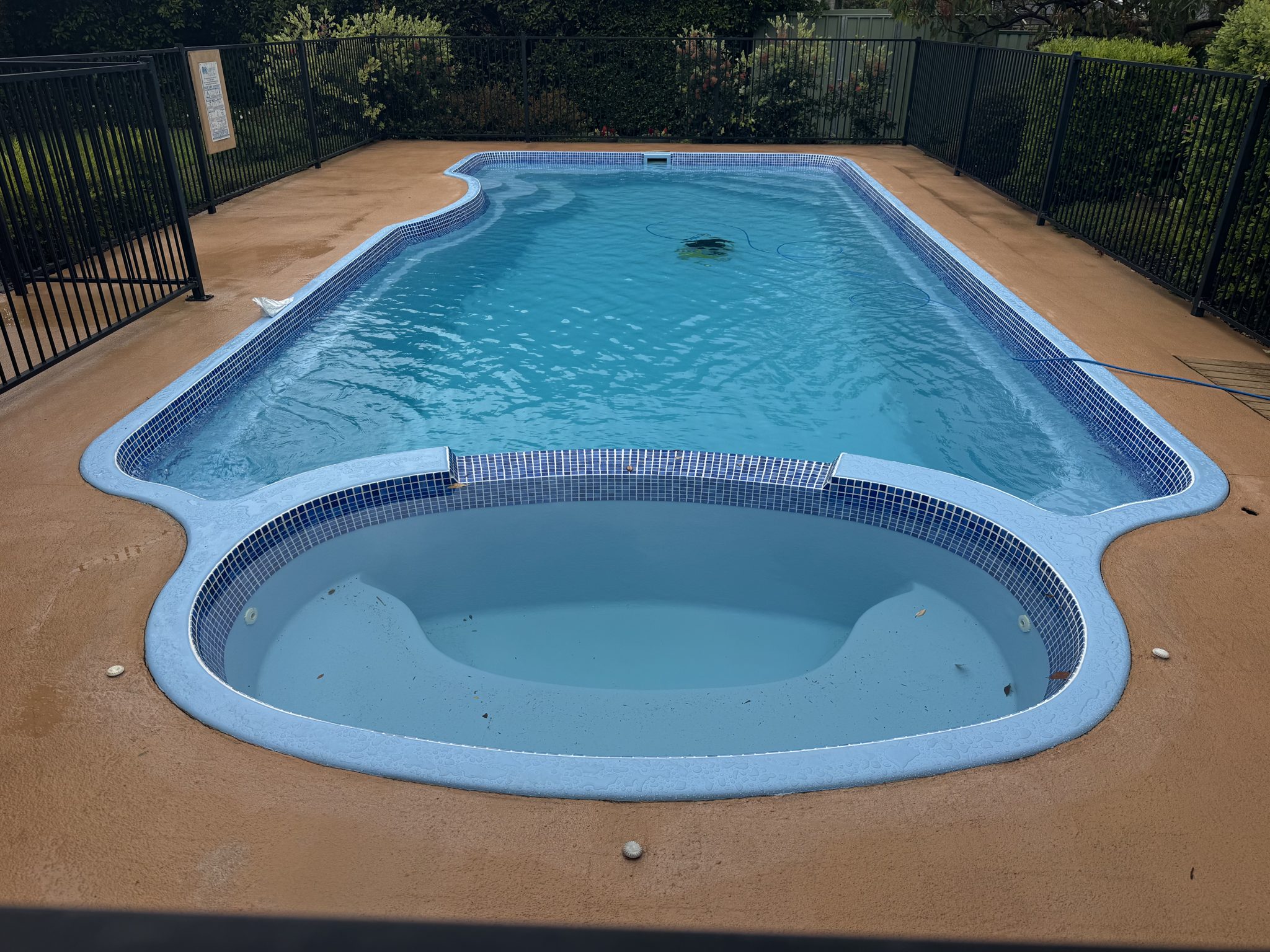 Renovated pool and spa refilled in a deep pool blue